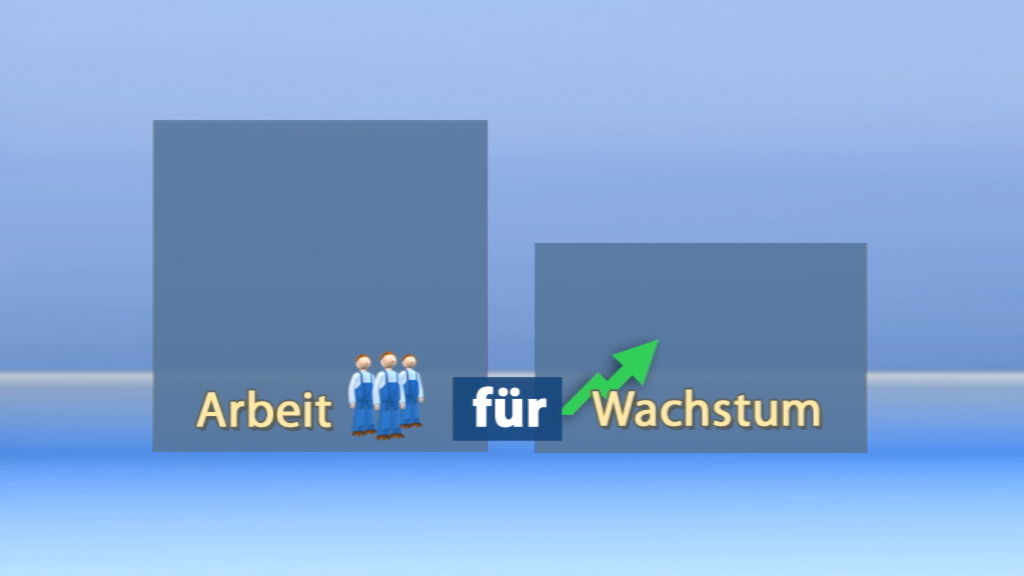 Balkendiagramm mit den Wörtern 'Arbeit' und 'für Wachstum', Pfeil zeigt nach oben.
