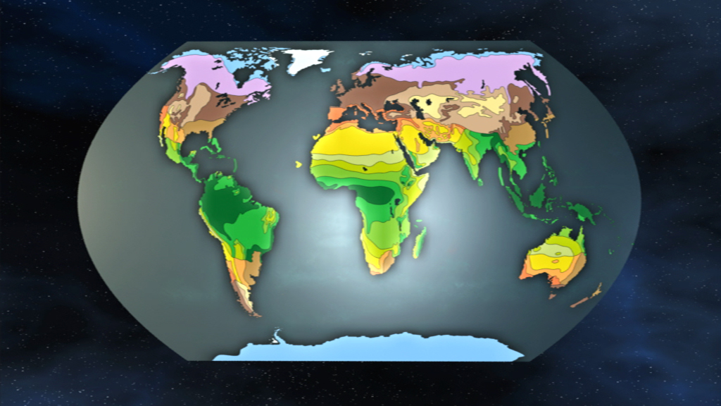 Weltkarte, die verschiedene Klimazonen in unterschiedlichen Farben darstellt.
