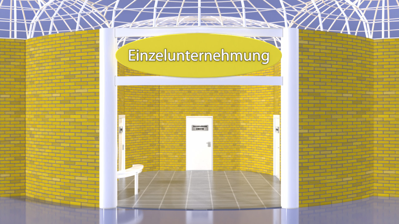 Eingang zu einem Bereich mit dem Schild 'Einzelunternehmung' über einer Tür.