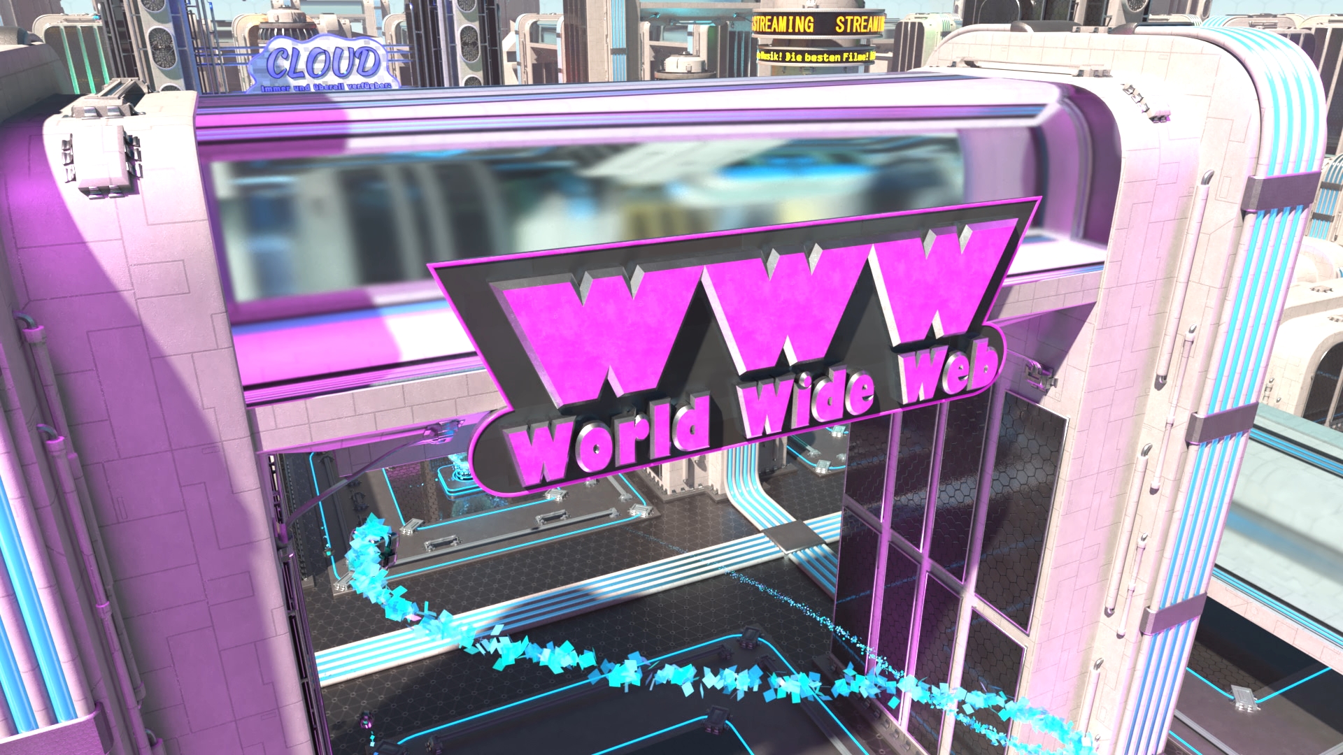 Großes, leuchtendes Schild mit der Aufschrift 'WWW World Wide Web' an einem futuristischen Gebäude in einer Stadt