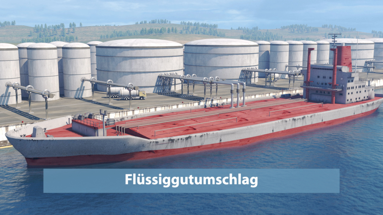 Ein großes Frachtschiff im Hafen, beladen mit Flüssiggut, vor großen Lagertanks.