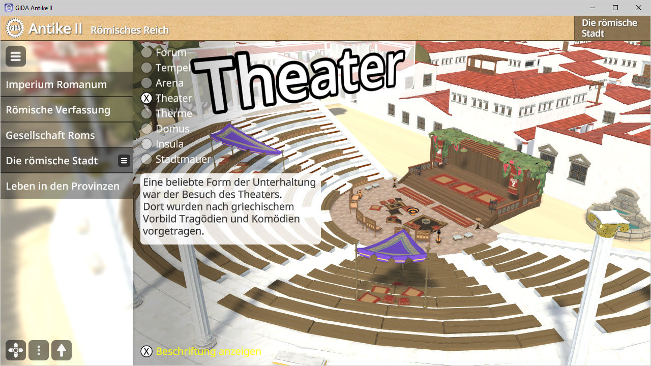 3D-Modell eines römischen Theaters mit Sitzreihen und Bühne, beschriftet mit 'Theater'.