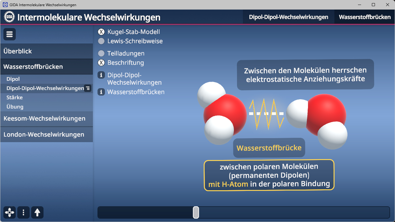 3D-Darstellung von zwei Wassermolekülen mit hervorgehobener Wasserstoffbrücke und erklärenden Textfeldern zu elektrostatischen Anziehungskräften zwischen Molekülen