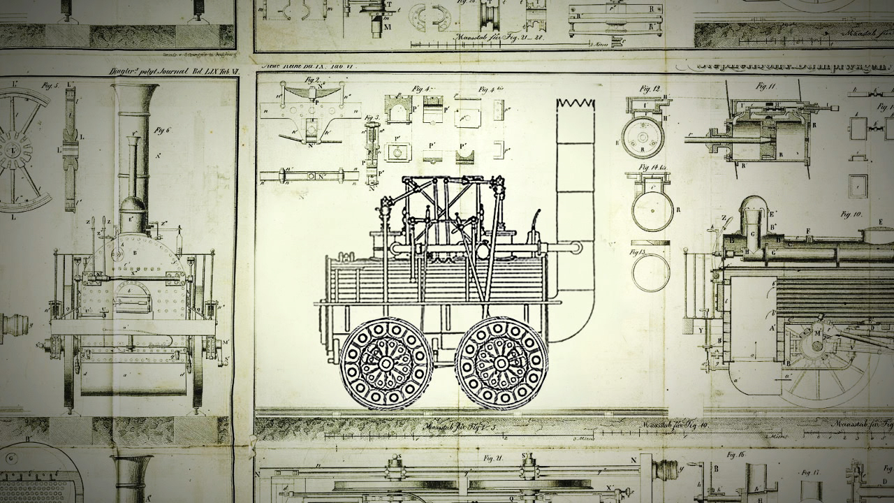 Technische Zeichnungen von Dampfmaschinen und Lokomotiven, detaillierte Illustrationen und Beschreibungen.