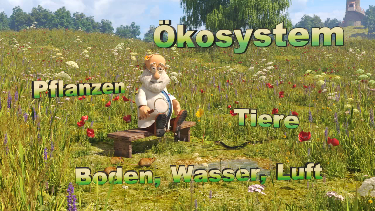 Ein Cartoon-Charakter sitzt auf einer Bank in einer blühenden Wiese. Text: 'Ökosystem', 'Pflanzen', 'Tiere', 'Boden, Wasser, Luft'.