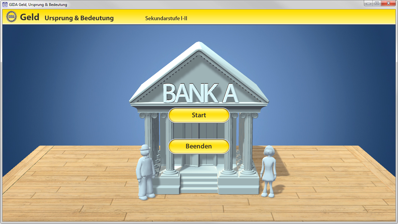 Menü der Software "Geld – Ursprung & Bedeutung".