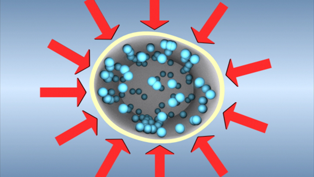 Diagramm, das den osmotischen Druck in einer Zelle zeigt, mit blauen Molekülen im Inneren und roten Pfeilen, die den Druck nach außen darstellen.