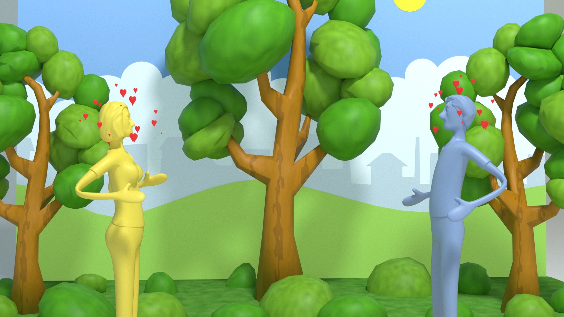 Zwei stilisierte Figuren in einem Park, umgeben von Bäumen, mit Herzsymbolen über ihren Köpfen.