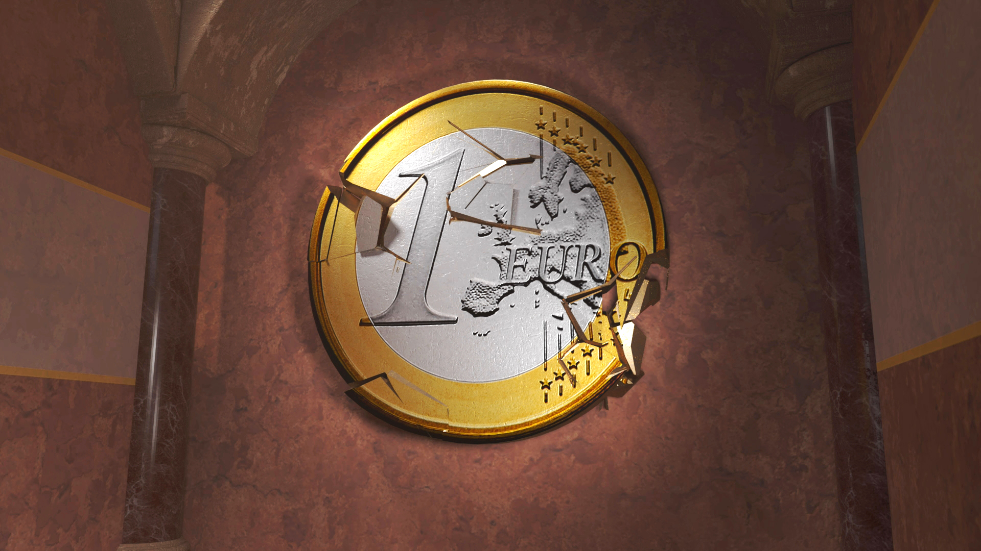 Wanduhr in Form einer zerbrochenen 1-Euro-Münze, mit goldener Umrandung und dem Wort '1 Euro' sichtbar.