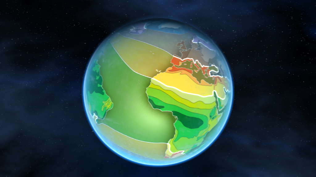 3D-Darstellung der Erde mit farbigen Zonen, die verschiedene Klimazonen oder Temperaturbereiche darstellen.
