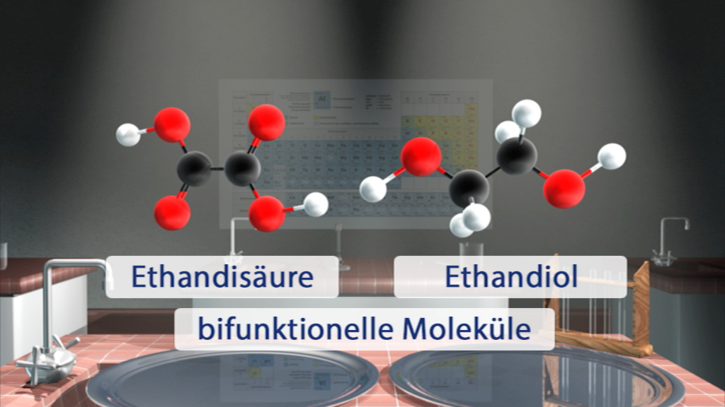 3D-Darstellung von bifunktionalen Molekülen: Ethansäure und Ethandiol, mit chemischen Strukturen und Bezeichnungen.