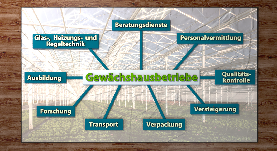 Mindmap zu Gewächshausbetrieben mit Themen wie Beratung, Personalvermittlung, Qualitätskontrolle und mehr.
