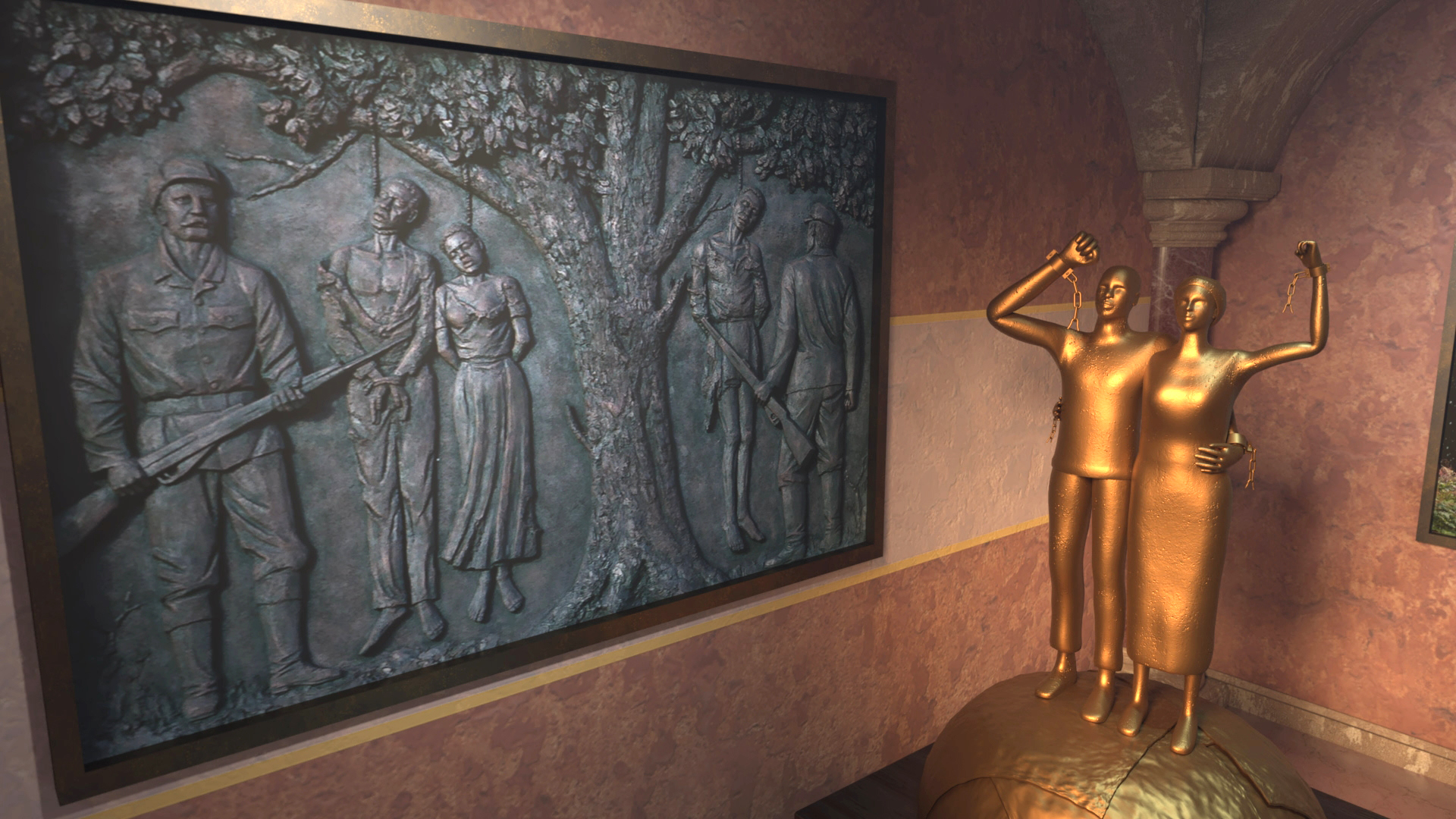 Bronzeplatte mit Reliefs von Soldaten und Zivilisten, darunter eine Darstellung eines Paares, in einem Raum mit goldenen Figuren.