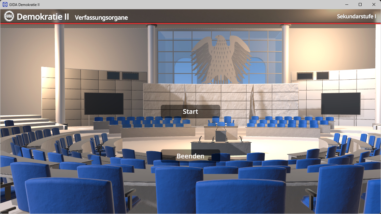 Menü der Software "Demokratie II – Verfassungsorgane".