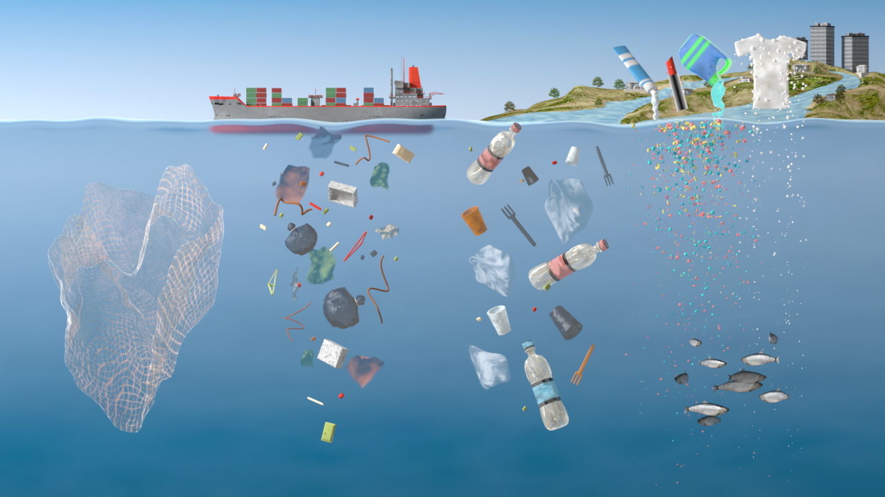 Grafik zeigt verschiedene Arten von Müll im Wasser, darunter Plastikflaschen, Tüten und andere Abfälle, die von einem Schiff und einer Küste umgeben sind.