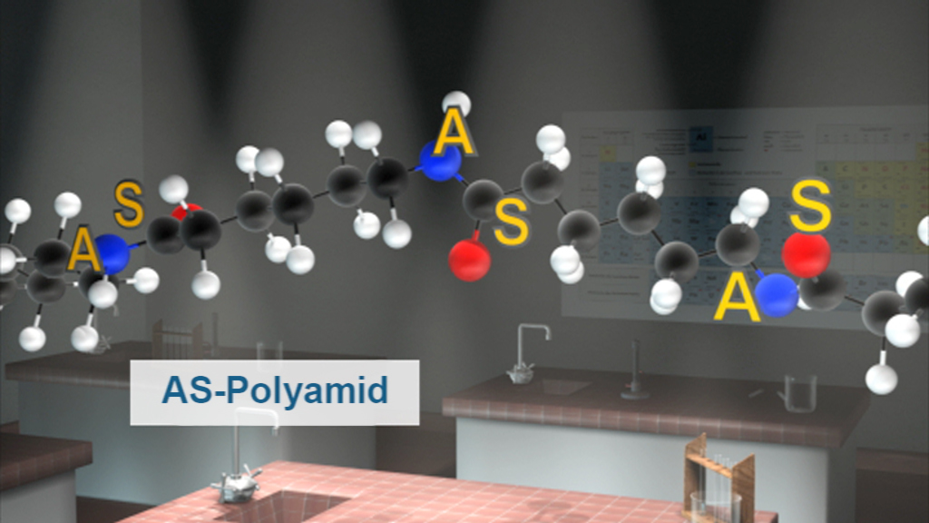 3D-Darstellung von AS-Polyamid-Molekülen mit chemischen Bindungen und Atomen in verschiedenen Farben.