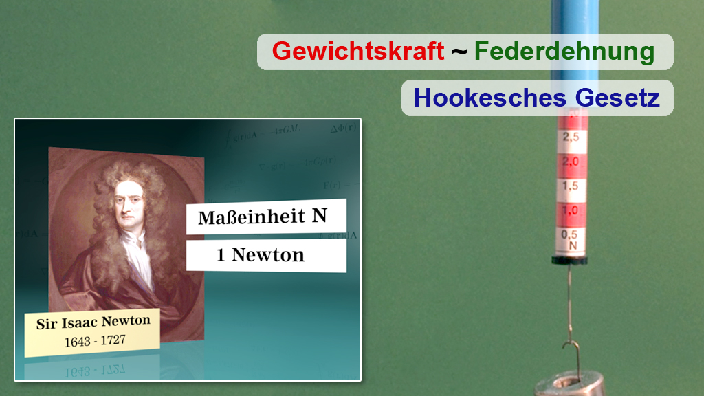 Infografik über das Hookesche Gesetz mit Sir Isaac Newton, Gewichtskraft und Federdehnung.