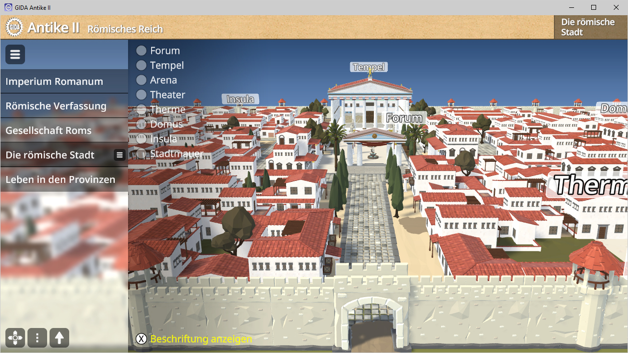 3D-Modell einer römischen Stadt mit Forum, Tempel, Arena, Theater und Thermen.