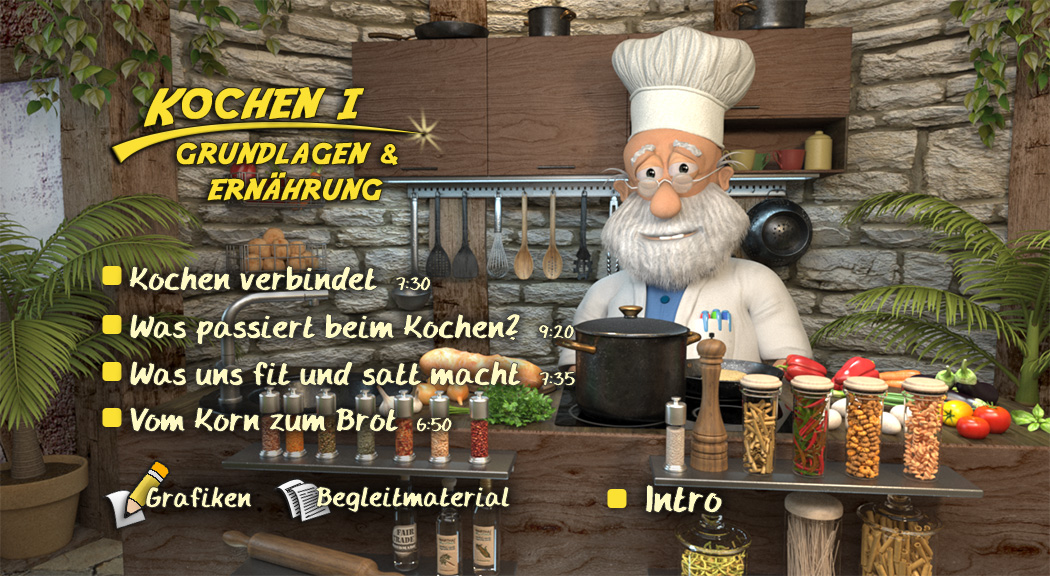 Menü des Films "Kochen I – Grundlagen & Ernährung".