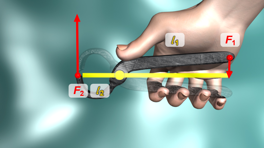 Eine Hand hält eine Zange, mit gekennzeichneten Kräften F1 und F2 sowie Abständen l1 und l2.