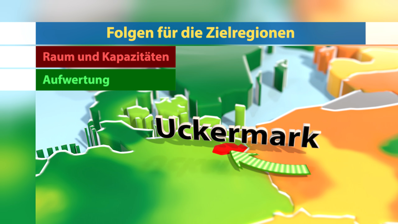 Karte der Uckermark mit hervorgehobenen Regionen und Kapazitäten, zeigt die Auswirkungen auf Zielregionen.