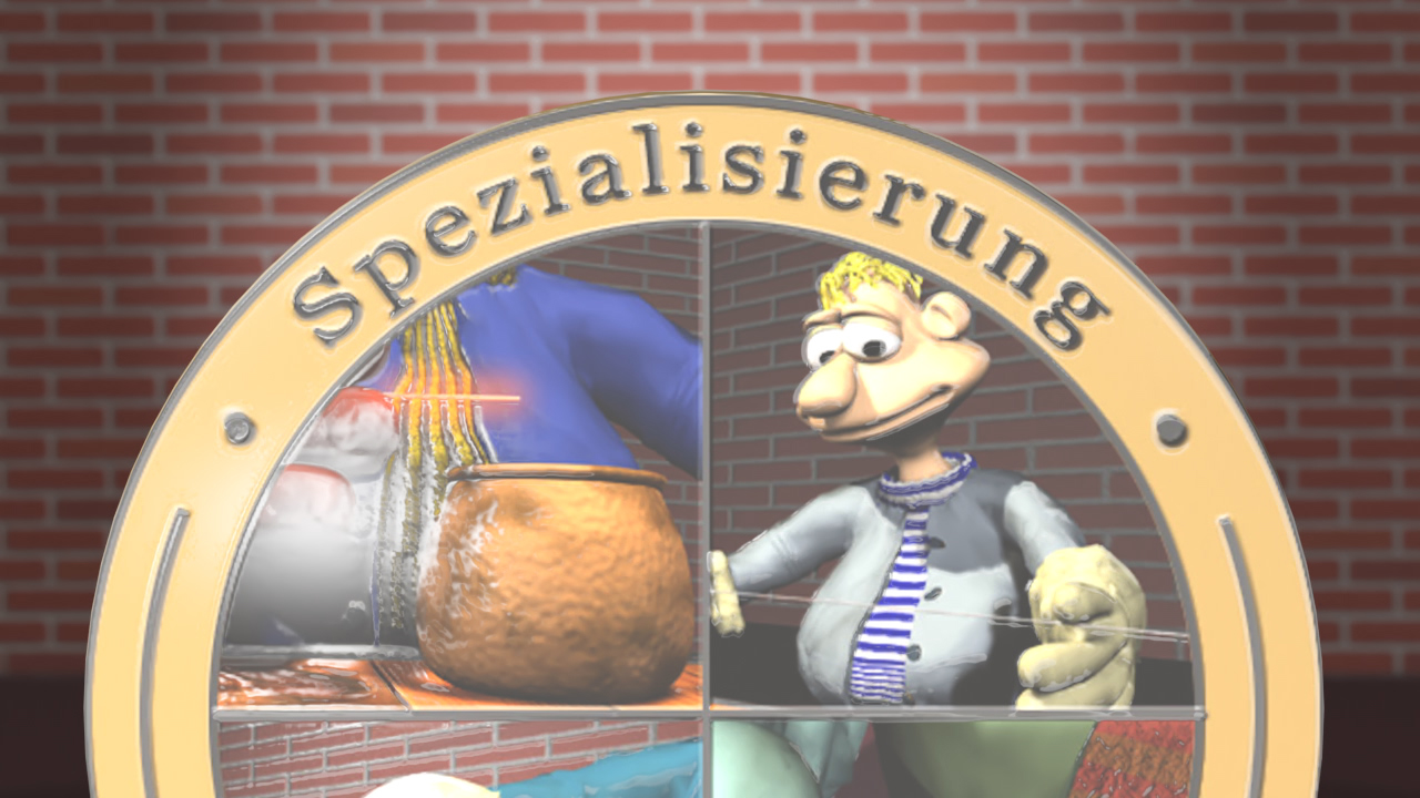 Ein runder, goldfarbener Emblem mit dem Wort 'Spezialisierung' und vier Bildern, darunter ein Kochtopf und eine cartoonhafte Figur mit Brille.