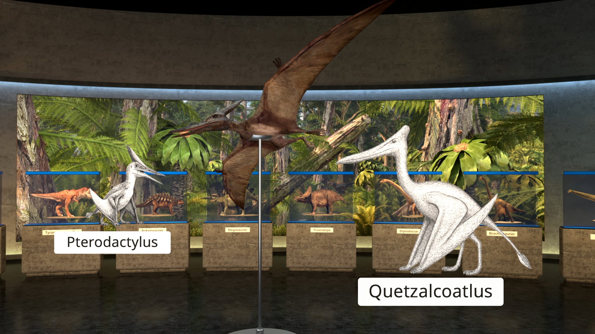 Museumsausstellung mit lebensgroßen Modellen von Pterodactylus und Quetzalcoatlus vor einer Dschungelkulisse