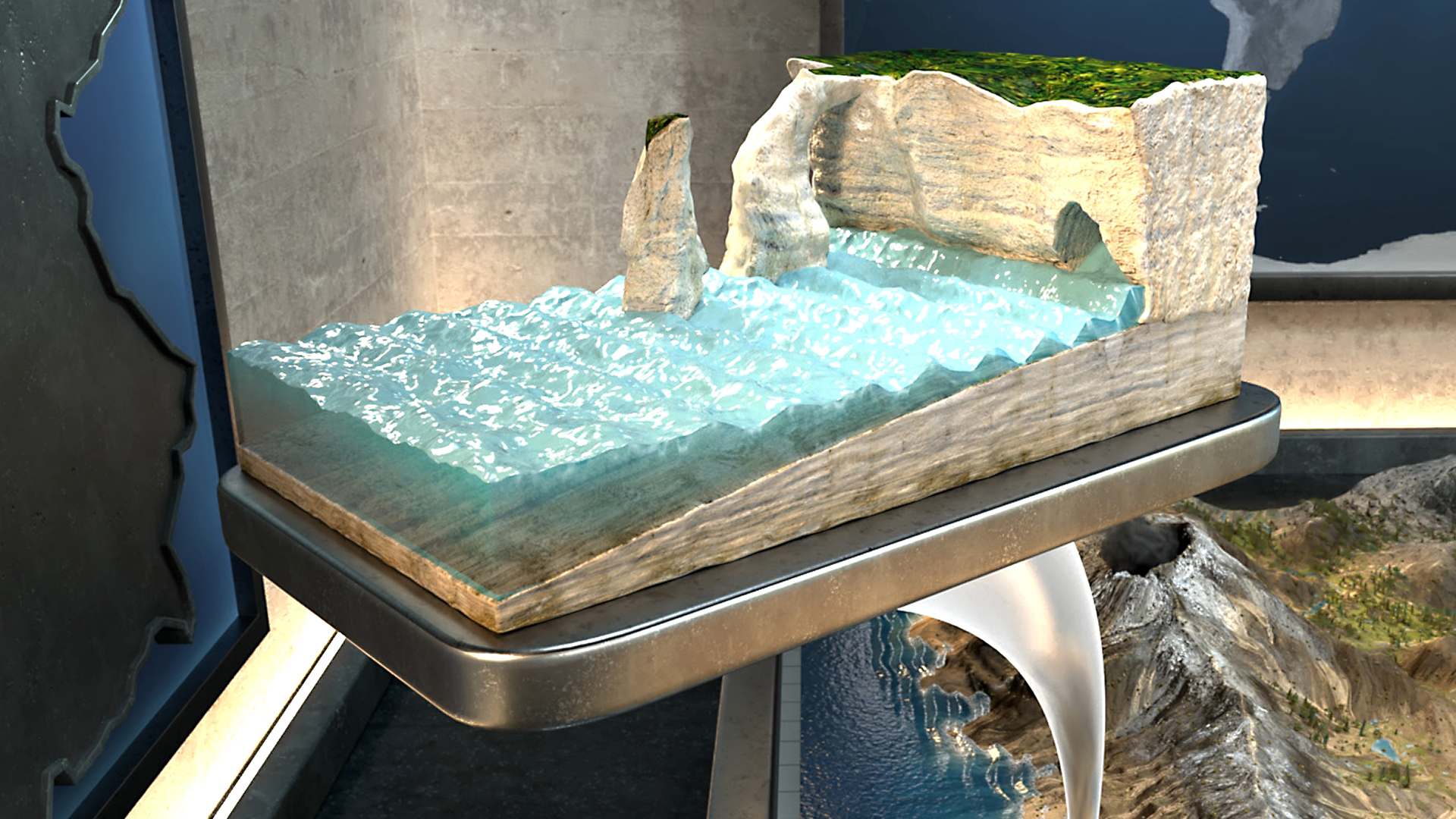 Modell eines Felsens mit einer natürlichen Bogenformation über einem Wasserbecken, das auf einem Sockel steht