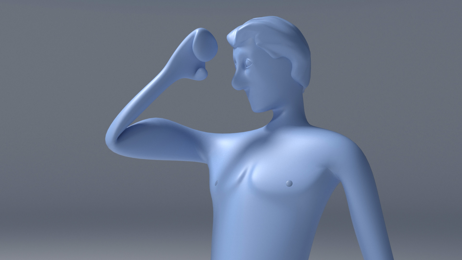Blauer 3D-Charakter, der einen Arm hebt und eine Handbewegung ausführt, möglicherweise beim Werfen oder Gestikulieren.