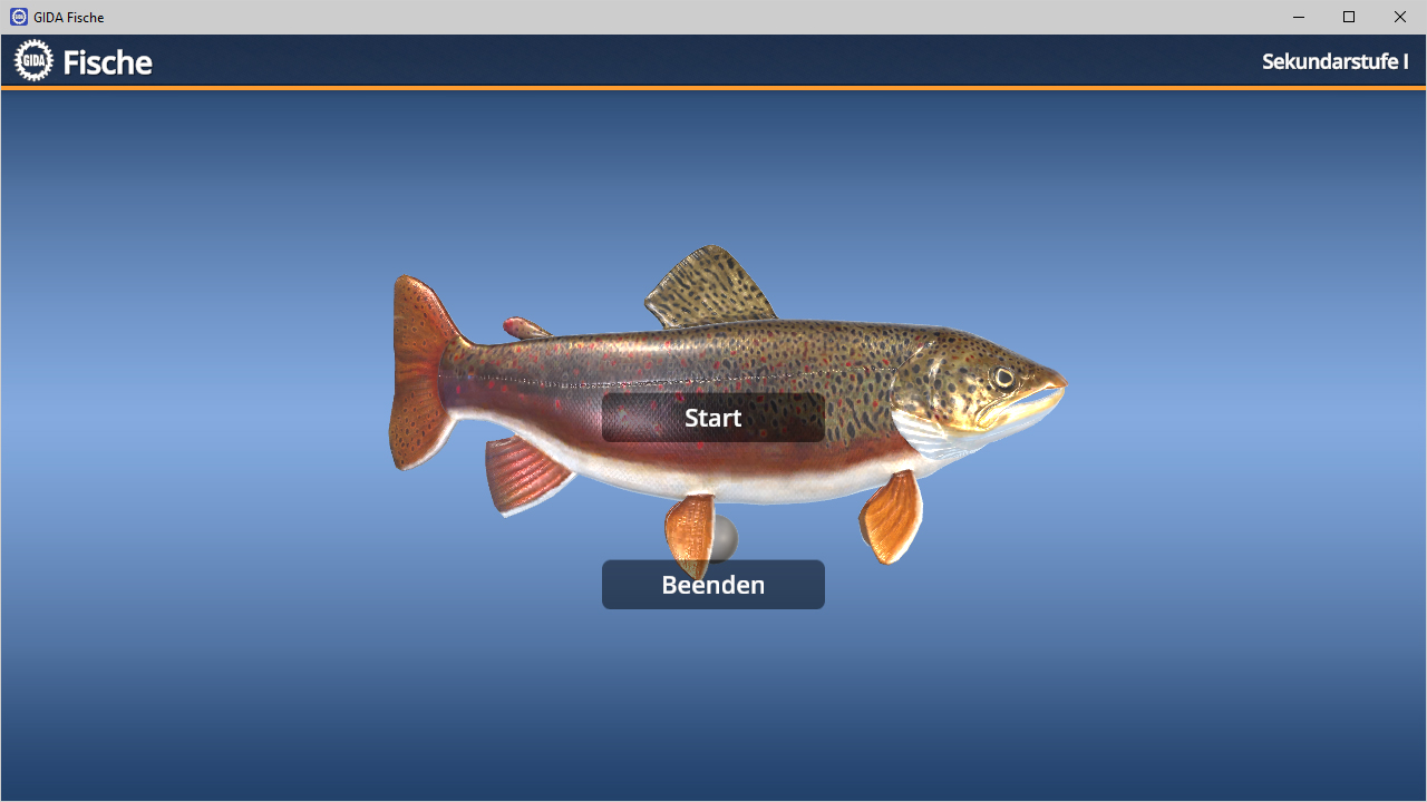 Ein realistisches Bild eines Fisches mit orangefarbenen und braunen Schuppen auf blauem Hintergrund. Schaltflächen 'Start' und 'Beenden' sind sichtbar.