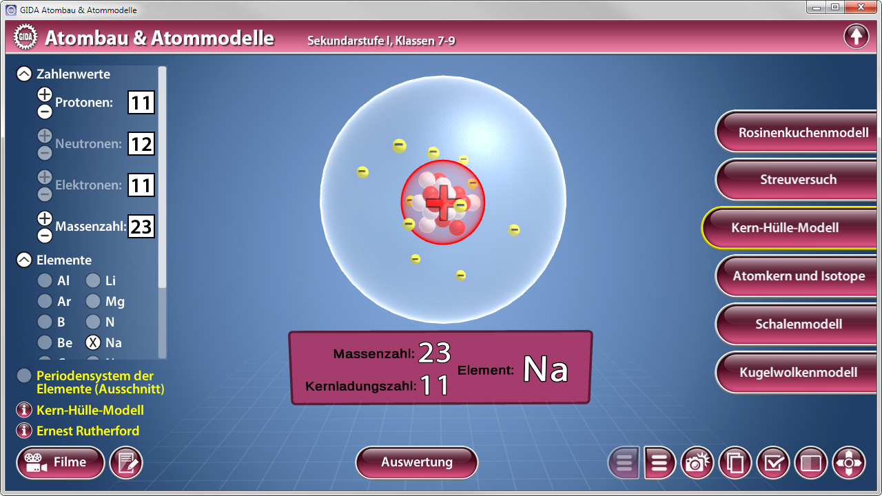 Darstellung des Atommodells mit Protonen, Neutronen und Elektronen für das Element Natrium (Na), Massenzahl 23.