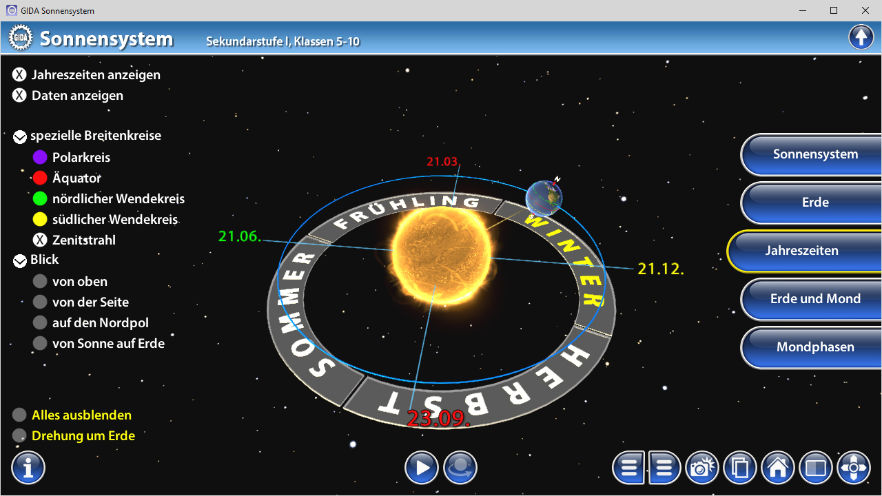 Interaktive Darstellung des Sonnensystems mit dem Fokus auf Jahreszeiten und Erdrotation.