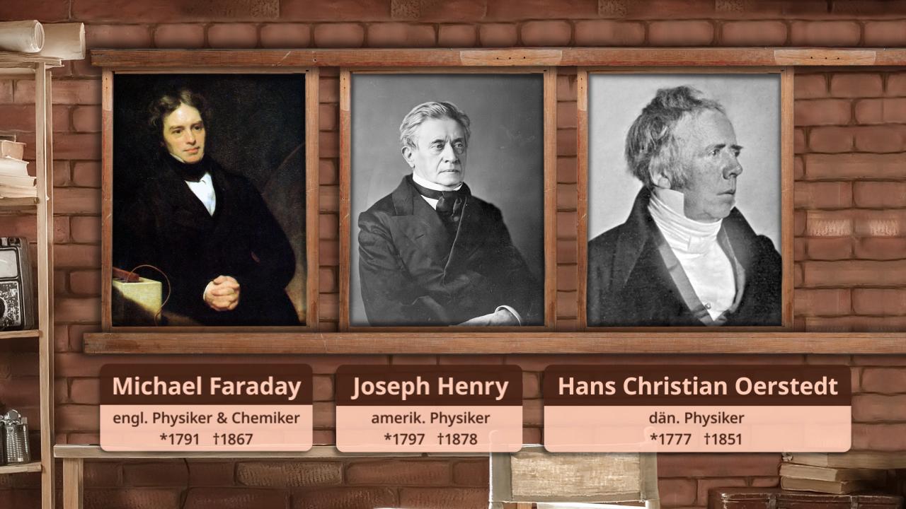 Porträts von Michael Faraday, Joseph Henry und Hans Christian Ørsted, jeweils mit Geburts- und Sterbejahr.