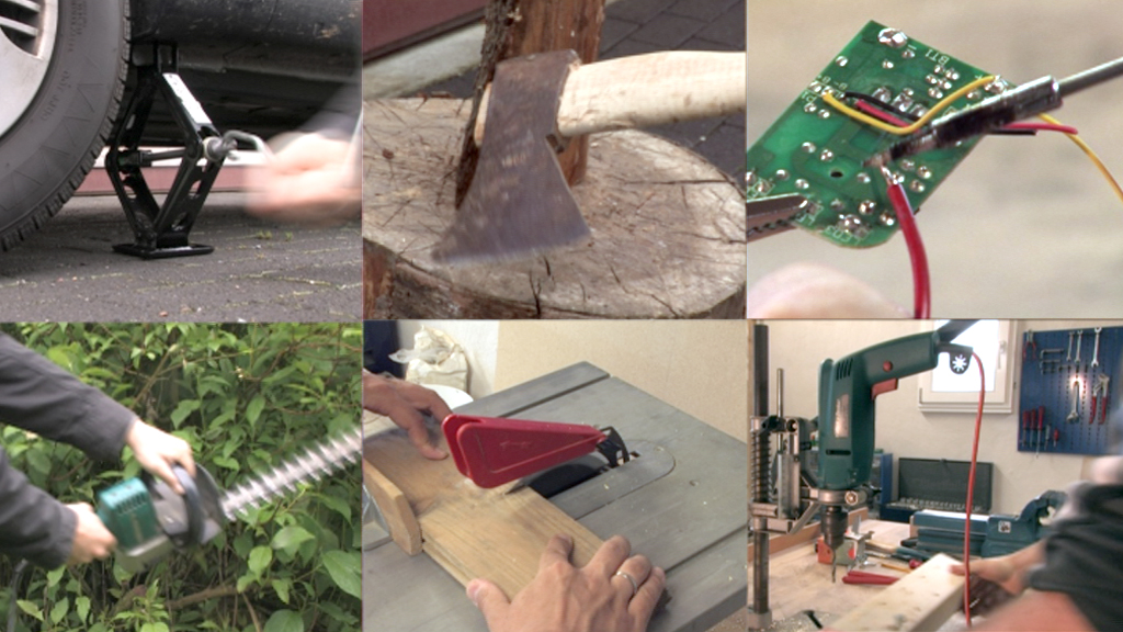 Collage von Handwerkzeugen und -techniken: Wagenheber, Axt, Leiterplatte, Heckenschneider, Holzsäge und Bohrmaschine.