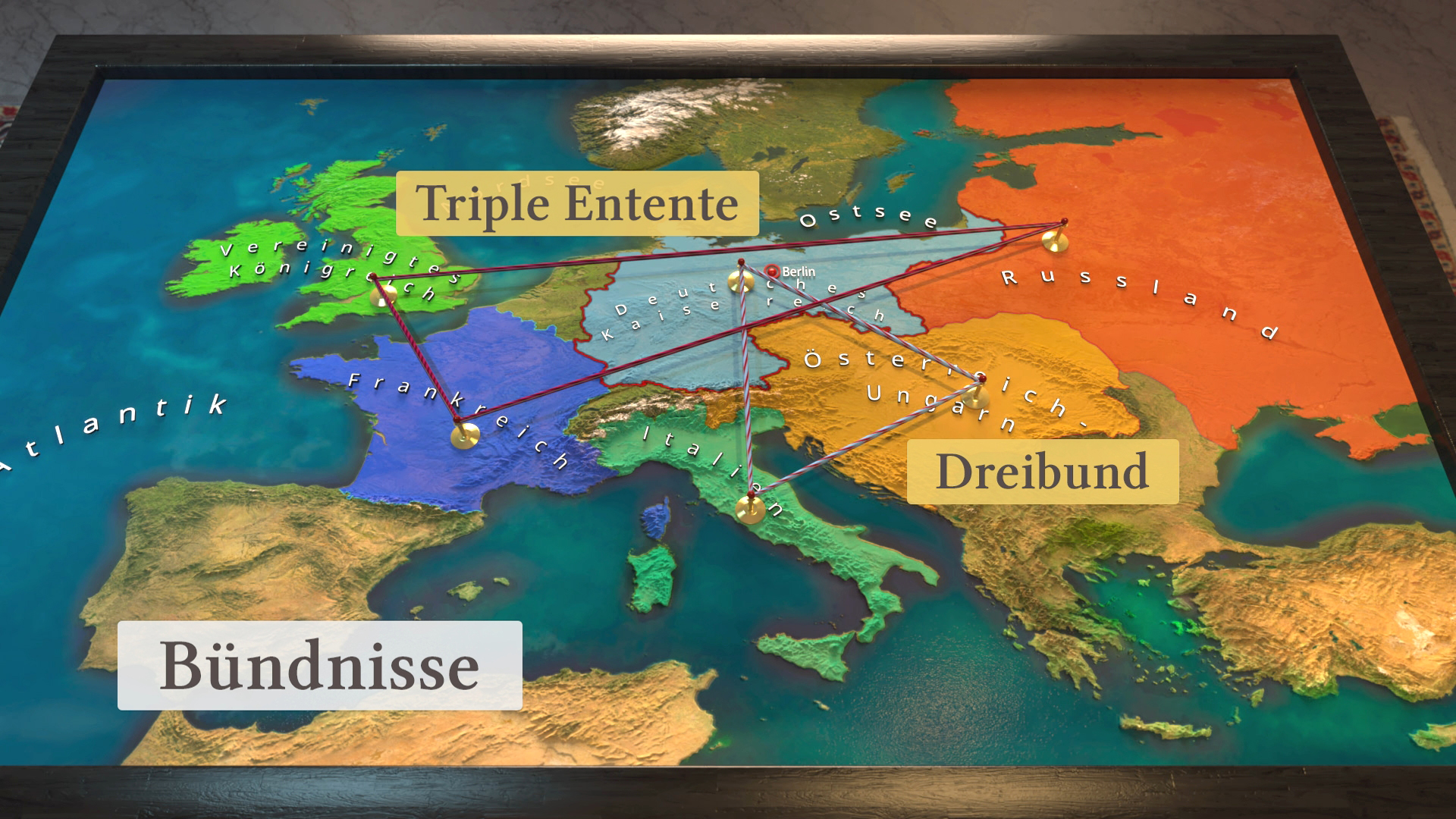 Karte von Europa mit den Allianzen Triple Entente und Dreibund, sowie dem Begriff Bündnisse.