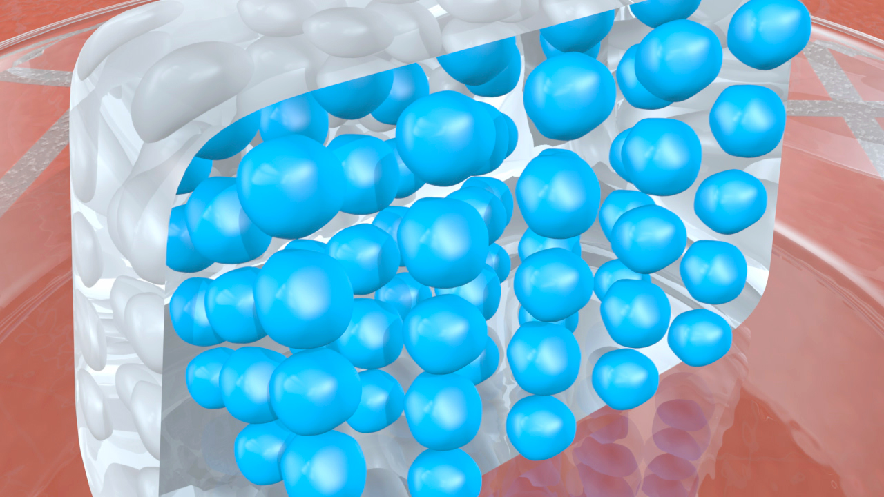 3D-Darstellung von blauen Molekülen in einer transparenten Struktur, die eine chemische oder physikalische Analyse darstellen könnte.