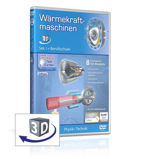 DVD-Cover des Filmpakets 'Wärmekraftmaschinen' mit interaktiven 3D-Modellen für Physik und Technik.