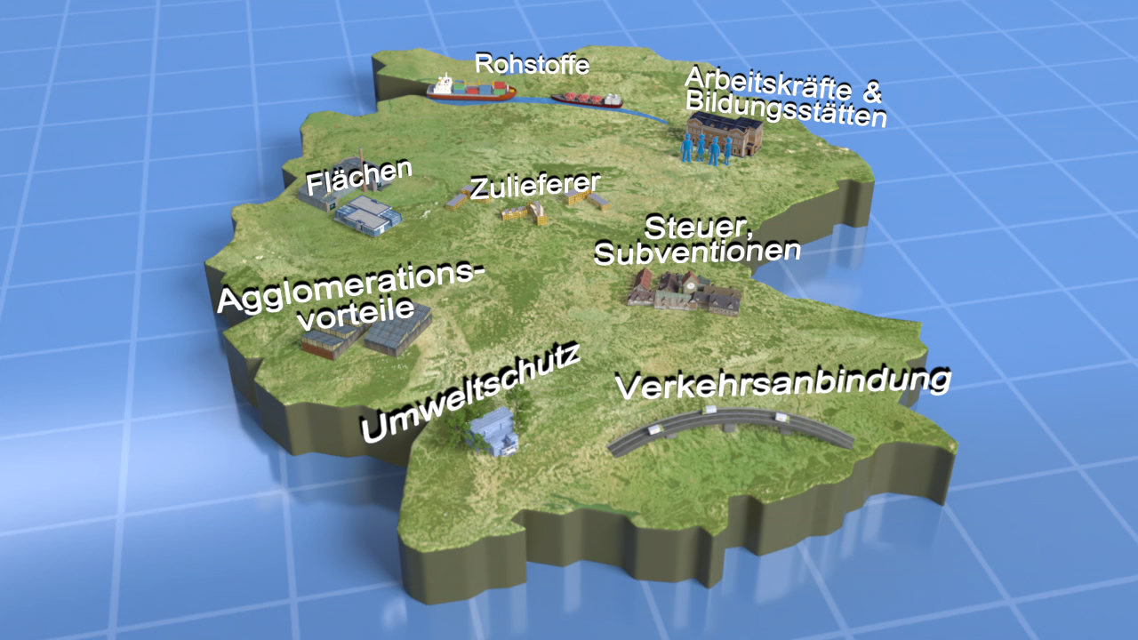 3D-Karte mit verschiedenen wirtschaftlichen und infrastrukturellen Aspekten, wie Rohstoffe, Arbeitskräfte und Verkehrsanbindung.