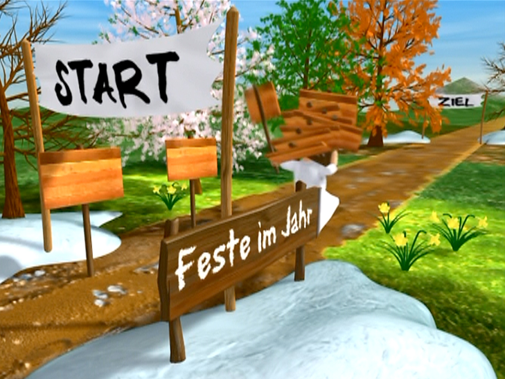 Ein Weg mit einem Start- und Zielpunkt, umgeben von Bäumen und Blumen, mit dem Text 'Feste im Jahr' auf einem Holzschild.