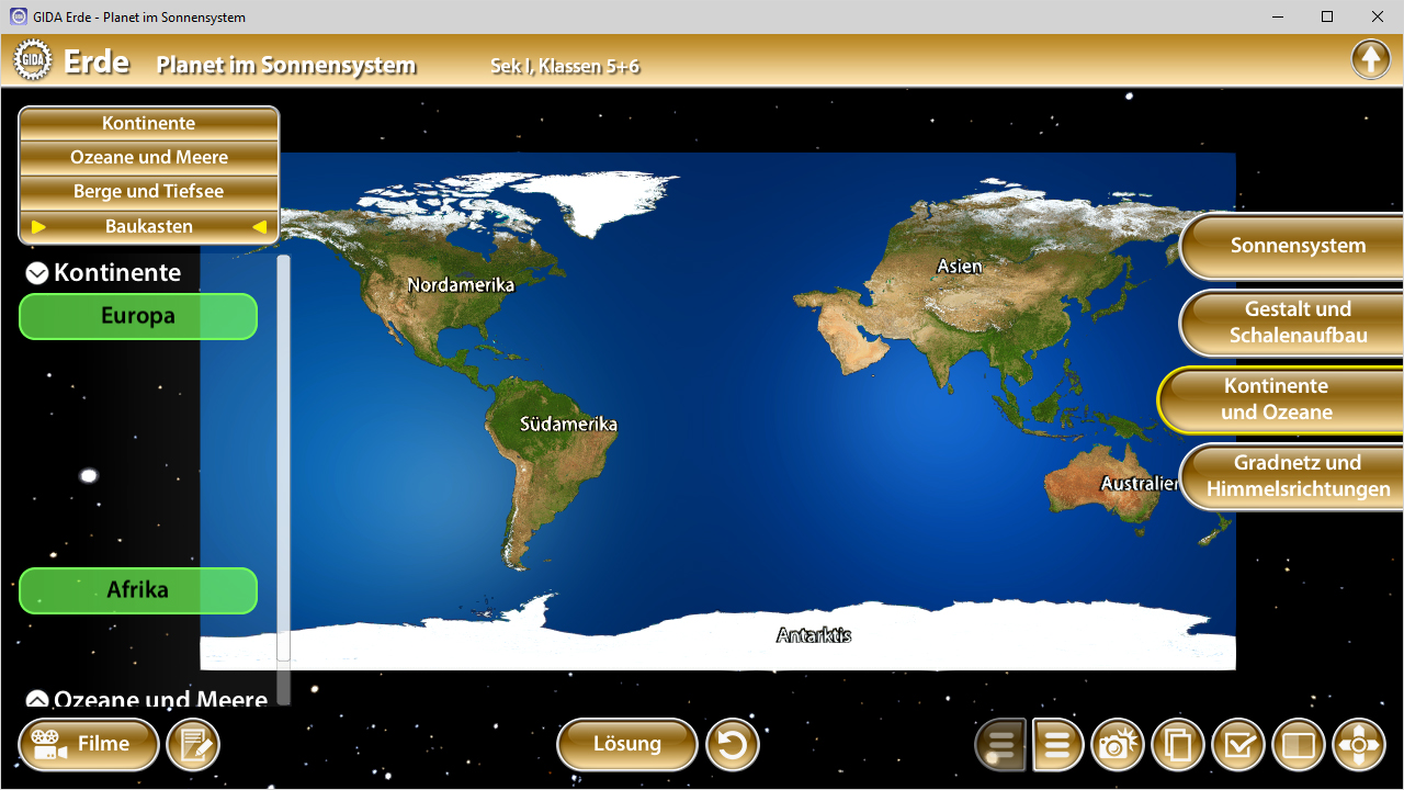 Karte der Erde mit Kontinenten, Ozeanen und Gebirgen, interaktive Darstellung im Sonnensystem.