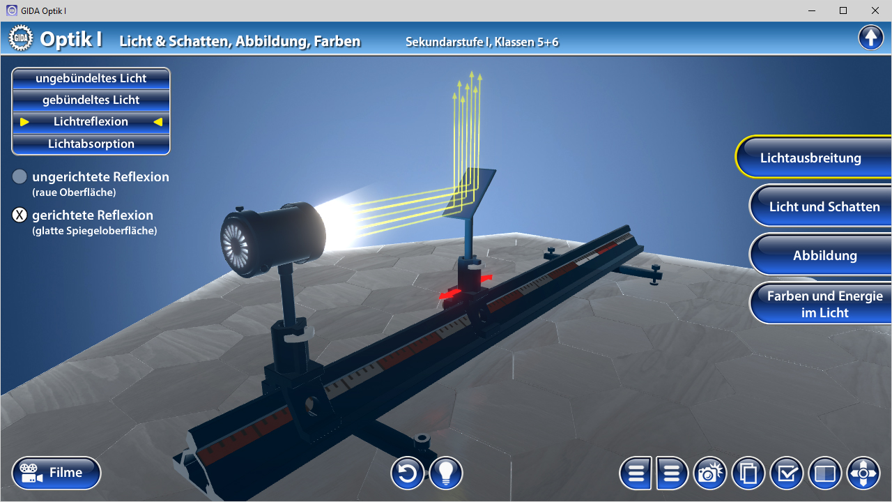 Interaktive Simulation zur Lichtreflexion und -absorption mit verschiedenen Lichtquellen und einem optischen Tisch.