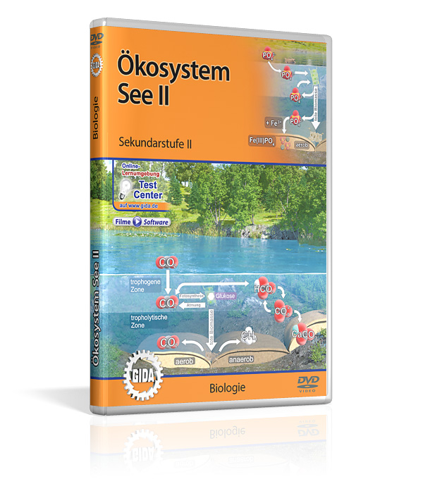 DVD-Cover mit dem Titel 'Ökosystem See Zwei' für Sekundarstufe 2. Es zeigt die trophische Ebenen eines Sees.
