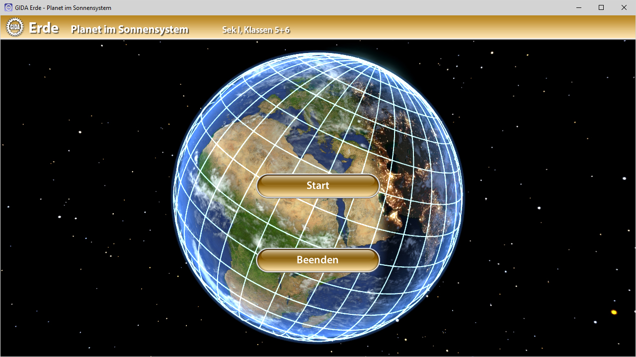 Menü der Software "Erde – Planet iInteraktive 3D-Darstellung der Erde im Sonnensystem mit Schaltflächen 'Start' und 'Beenden'.m Sonnensystem".