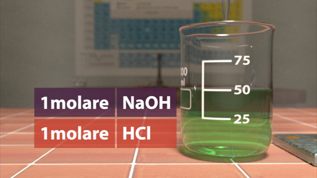 Ein Becherglas mit 1 molarer NaOH-Lösung und 1 molarer HCl-Lösung, grün gefärbt, auf einem Tisch.