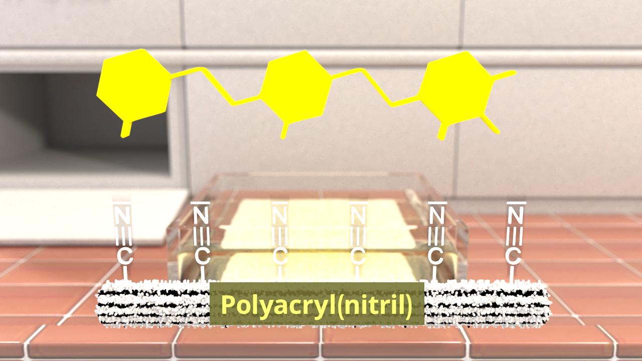 Diagramm, das die Struktur von Polyacrylnitril zeigt, mit chemischen Formeln und einer gelben Darstellung der Molekülkette.