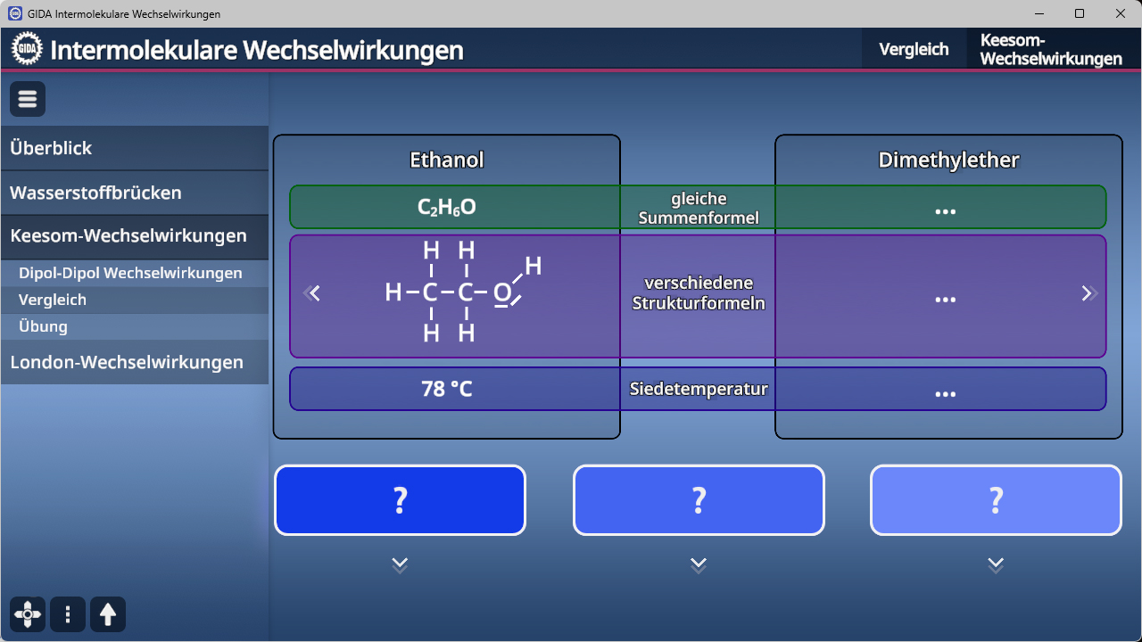 Screenshot einer Softwareoberfläche zu intermolekularen Wechselwirkungen mit Strukturformeln und Siedetemperatur von Ethanol, Menü mit Optionen links und drei blauen Schaltflächen unten