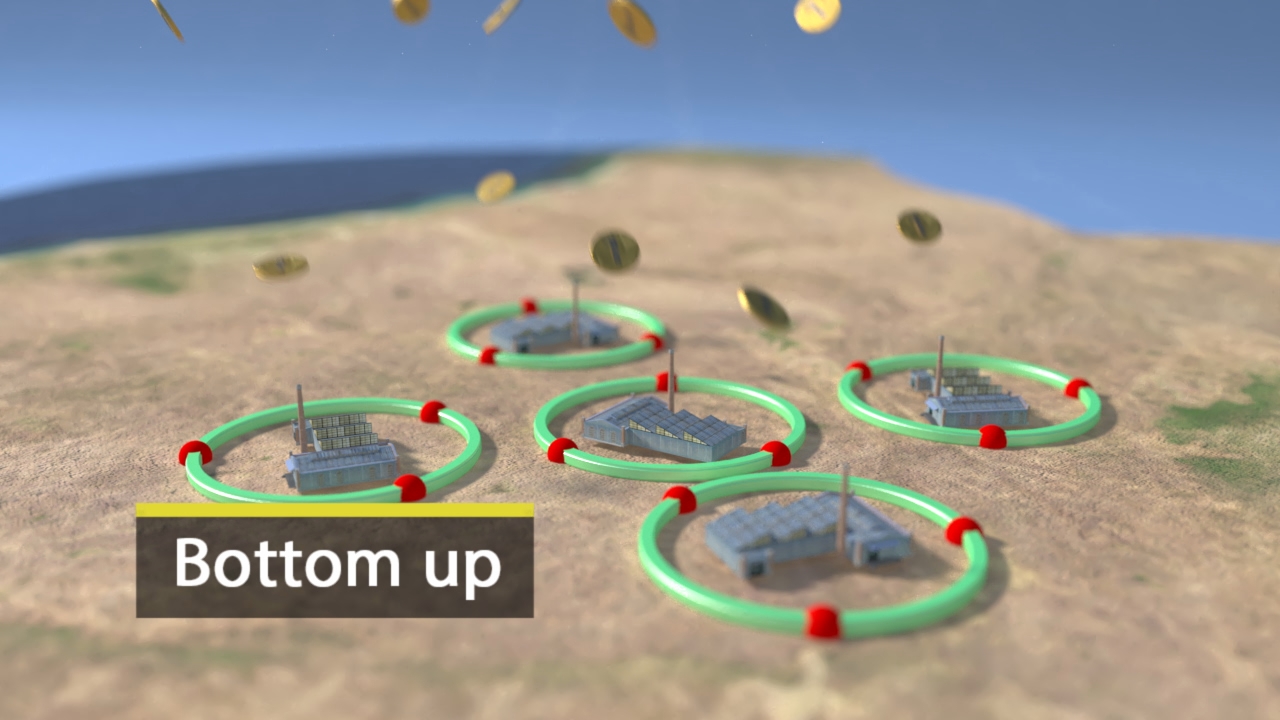 3D-Darstellung von Gebäuden in einem Netzwerk mit grünen Ringen und fallenden Münzen, beschriftet mit 'Bottom up'