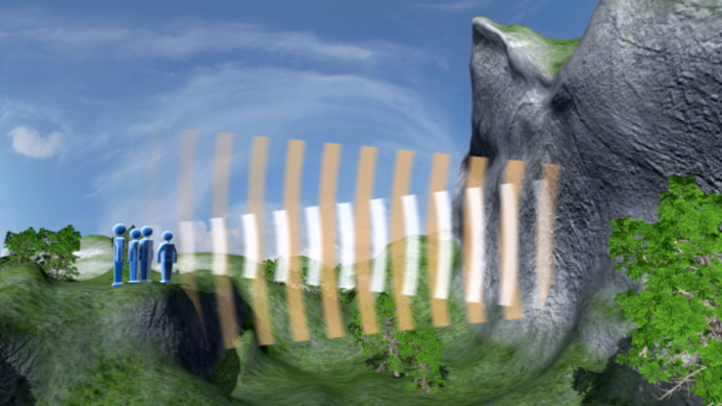 Grafik mit stilisierten Figuren in einer Landschaft, die eine Welle oder Schwingung darstellt.
