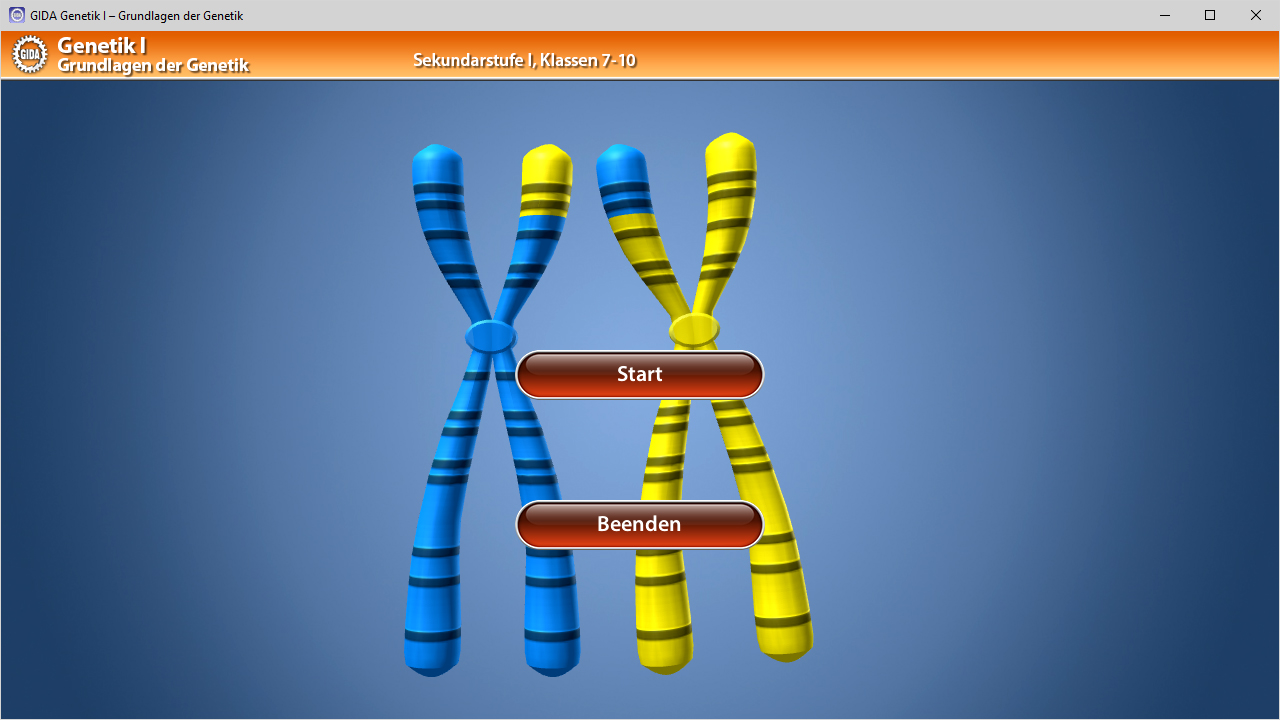 Grafik von zwei Chromosomen in Blau und Gelb mit Schaltflächen 'Start' und 'Beenden'.