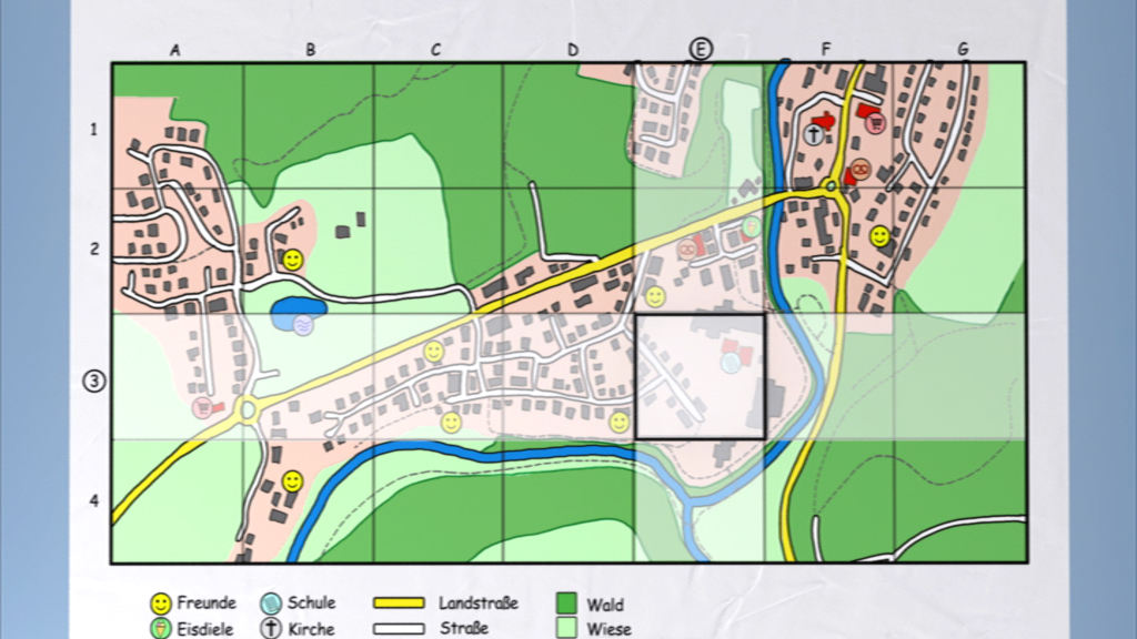 Stadtkarte mit verschiedenen Symbolen für Freunde, Schule, Eisdeele, Kirche, Landstraße, Straße, Wald und Wiese.